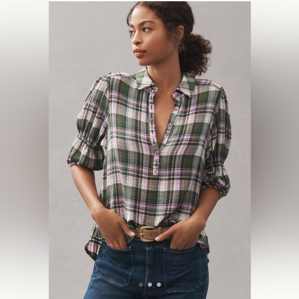 Anthropologie x Pilcro Tallulah Puff-Sleeve Plaid Buttondown Top -Size XS - BNWT
